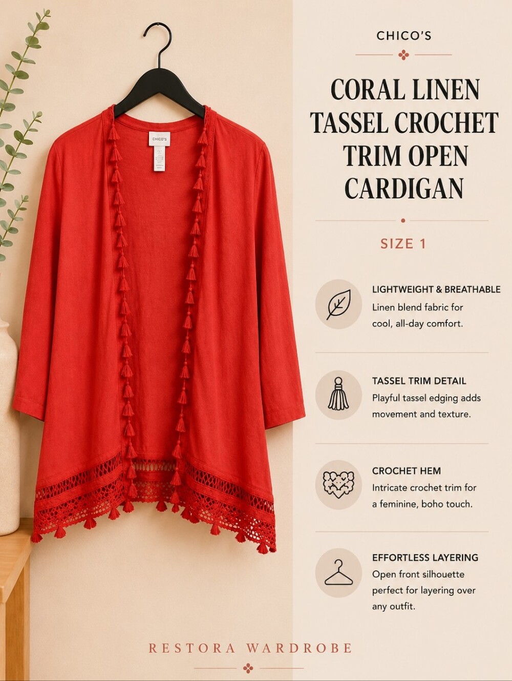 Chico’s Size 1 Coral Linen Blend Tassel Open Front Cardigan